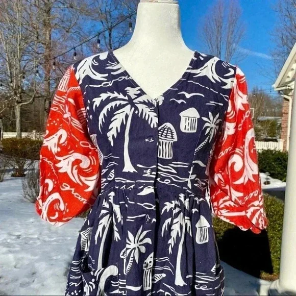 Anthropologie Place Nationale Linen Puff Sleeve Printed Midi Dress Red Small